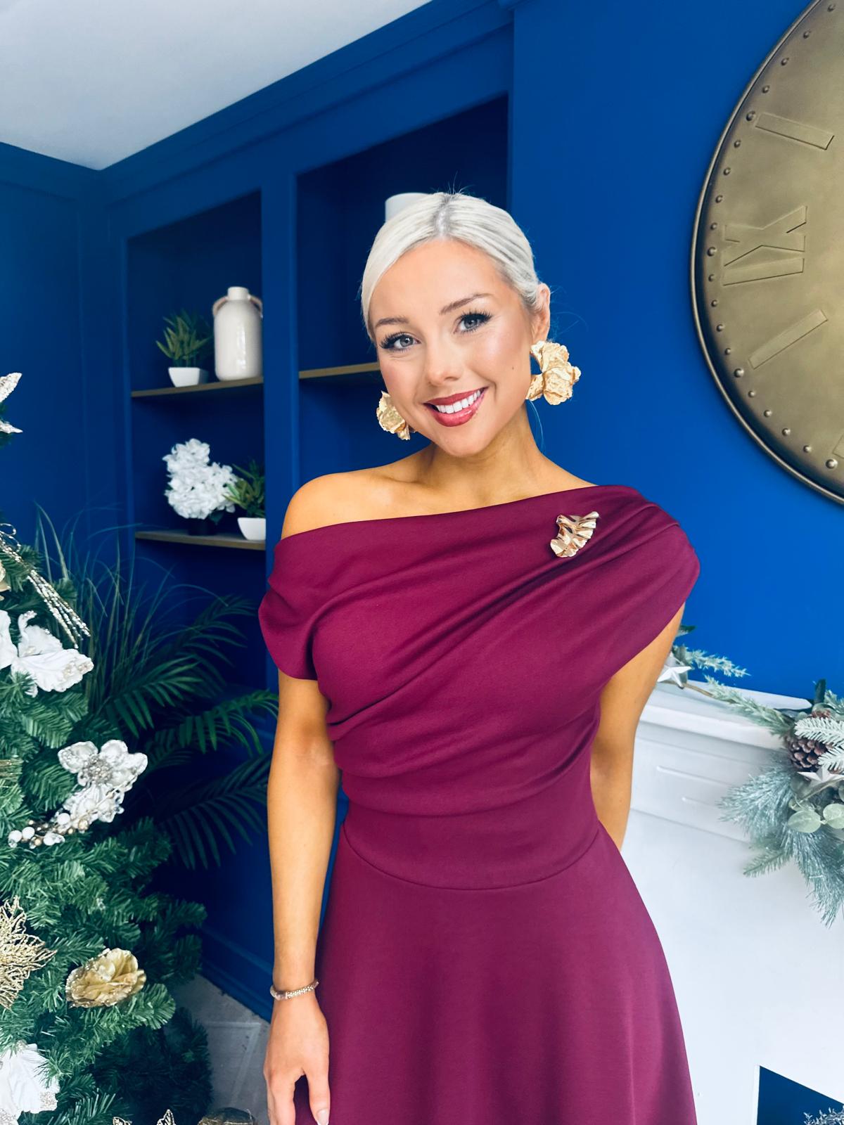 Bailey Gold Brooch Detail Midi Dress Wine