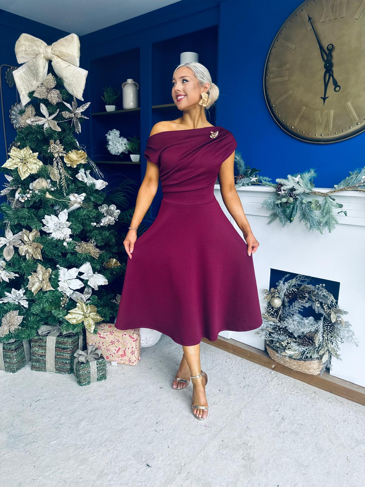 Bailey Gold Brooch Detail Midi Dress Wine