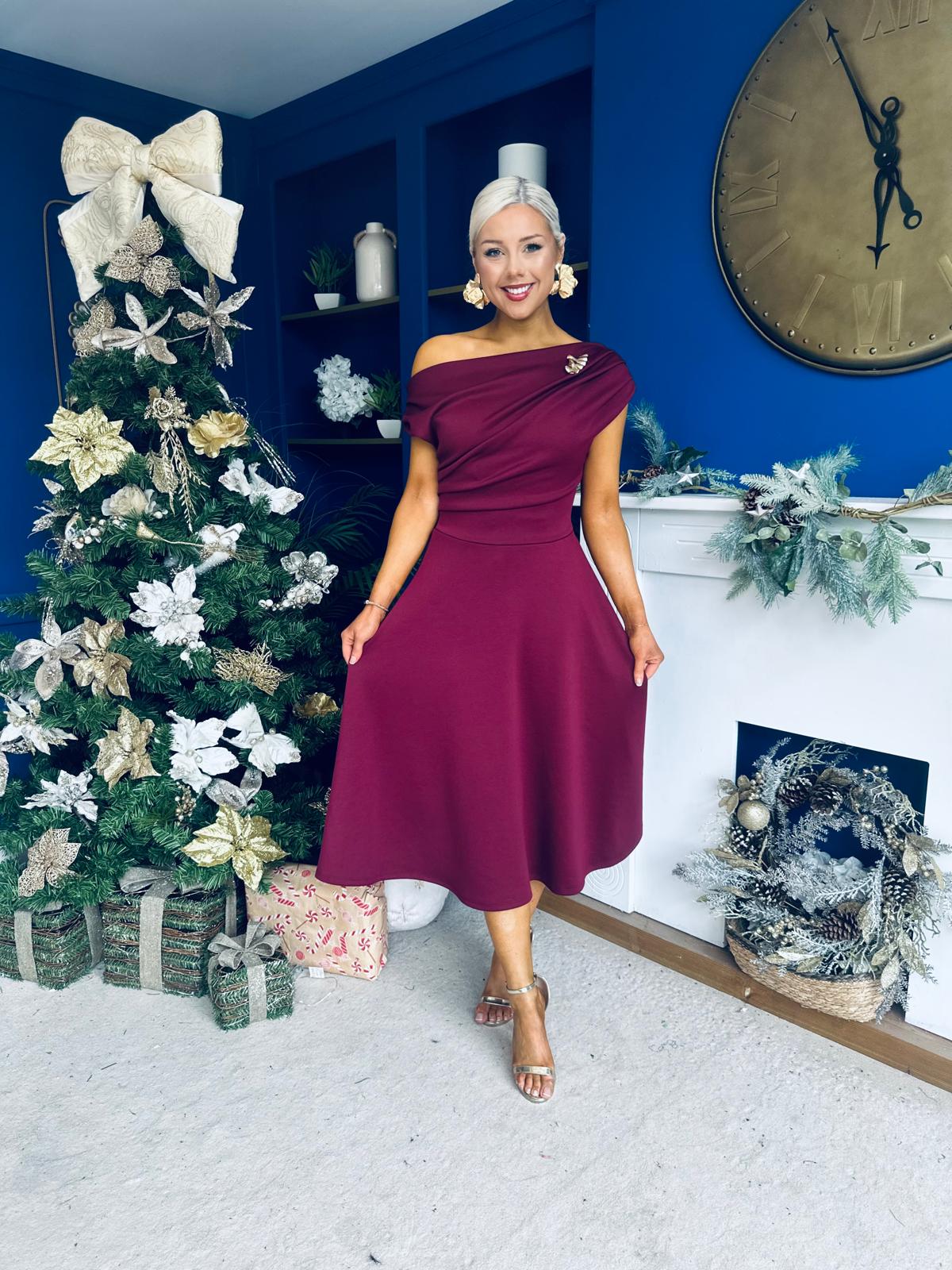 Bailey Gold Brooch Detail Midi Dress Wine