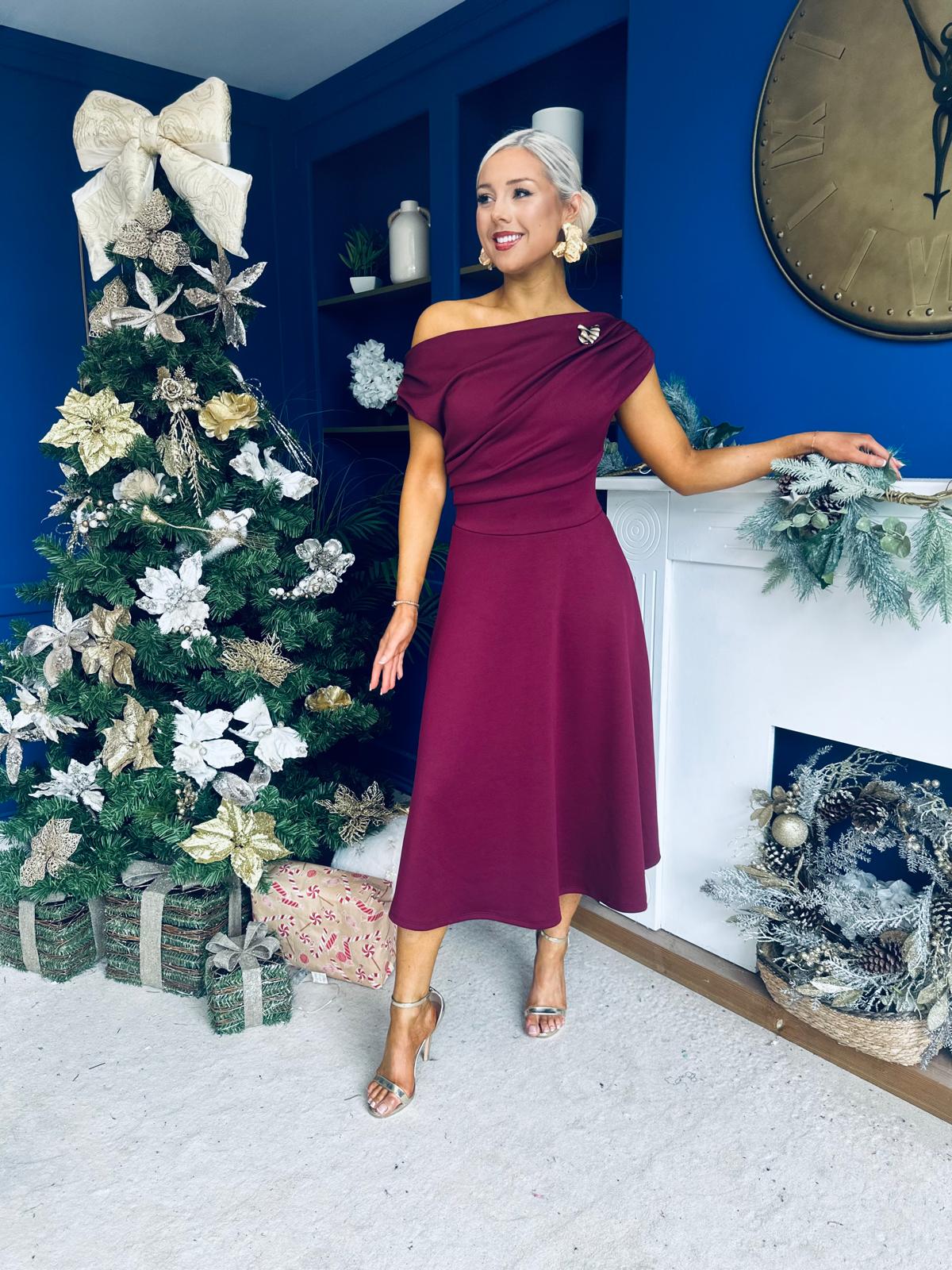 Bailey Gold Brooch Detail Midi Dress Wine