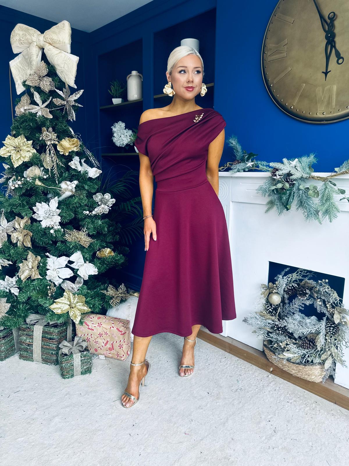 Bailey Gold Brooch Detail Midi Dress Wine