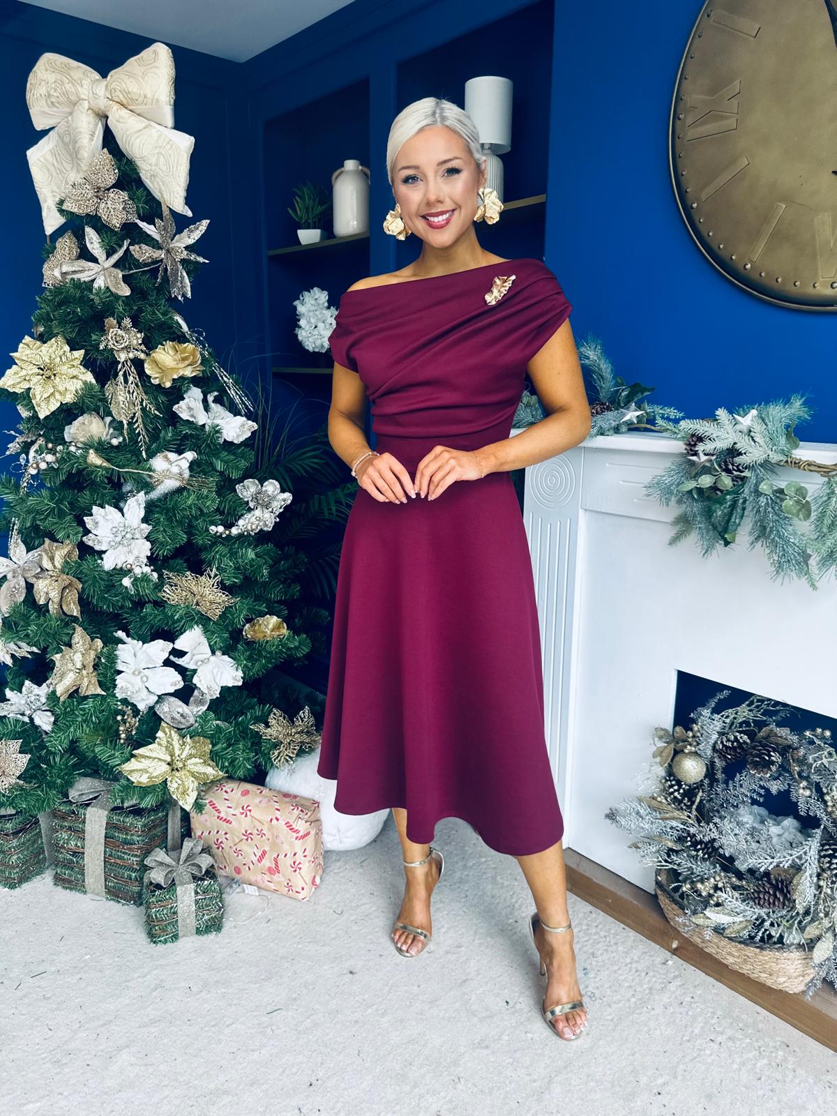 Bailey Gold Brooch Detail Midi Dress Wine