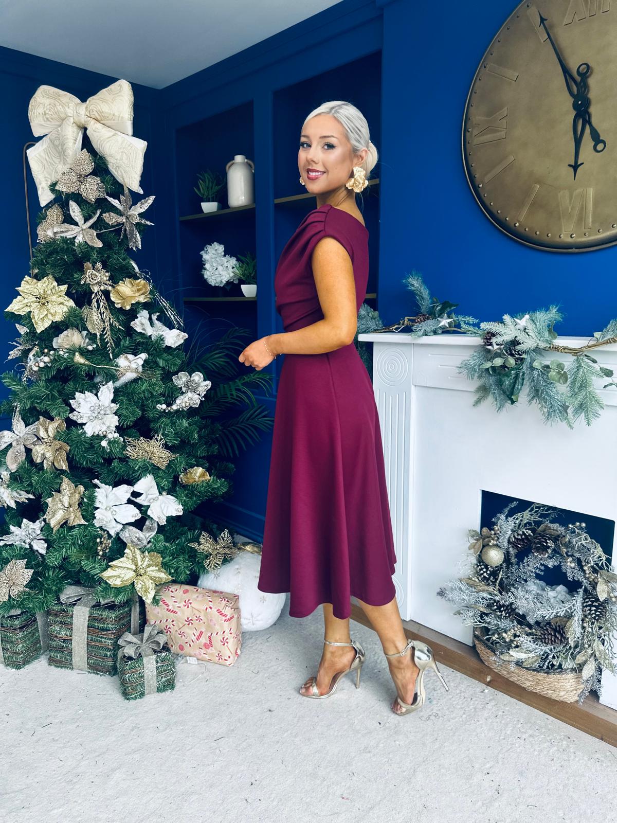 Bailey Gold Brooch Detail Midi Dress Wine