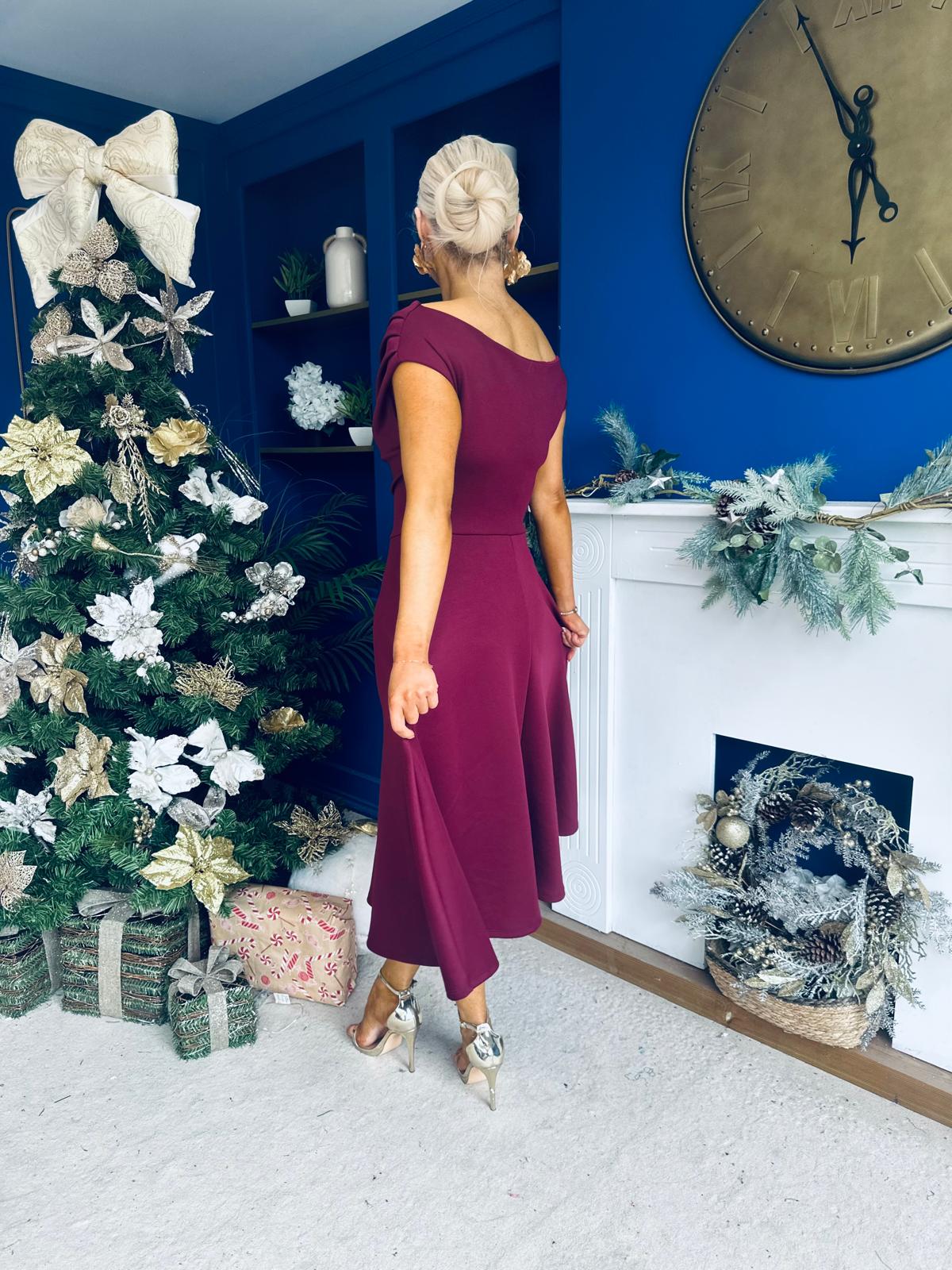 Bailey Gold Brooch Detail Midi Dress Wine