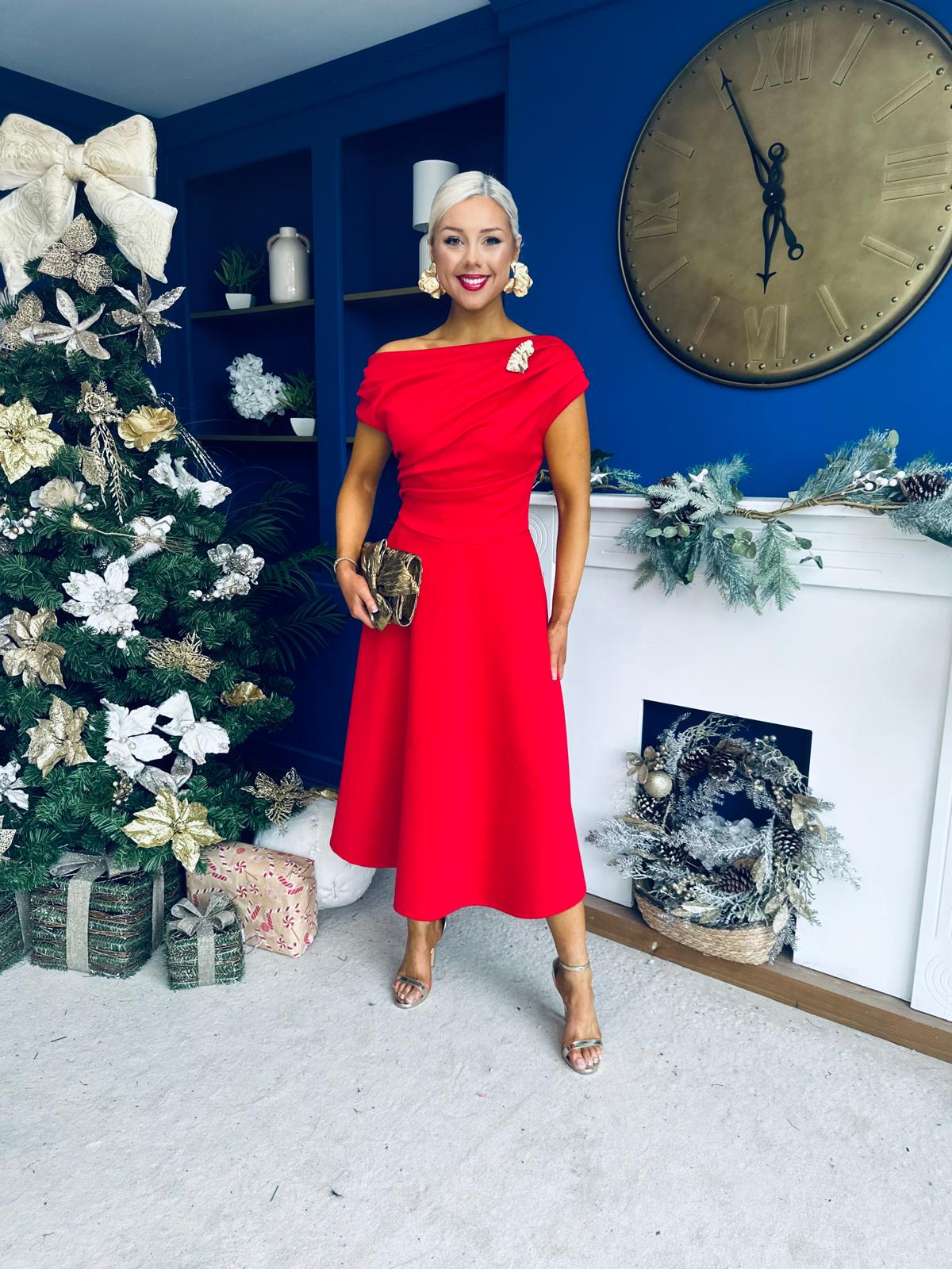 Bailey Gold Brooch Detail Midi Dress Red