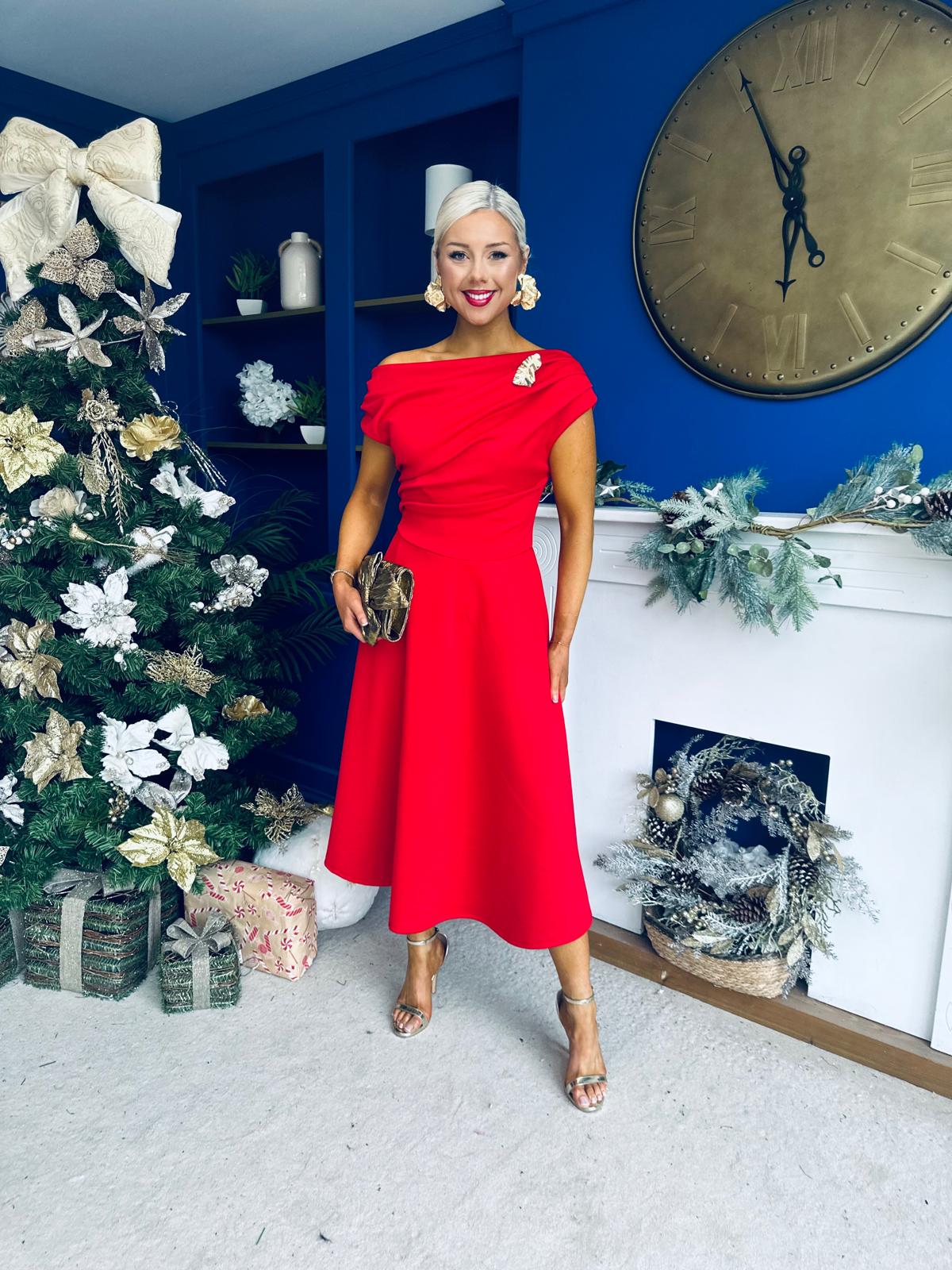 Bailey Gold Brooch Detail Midi Dress Red