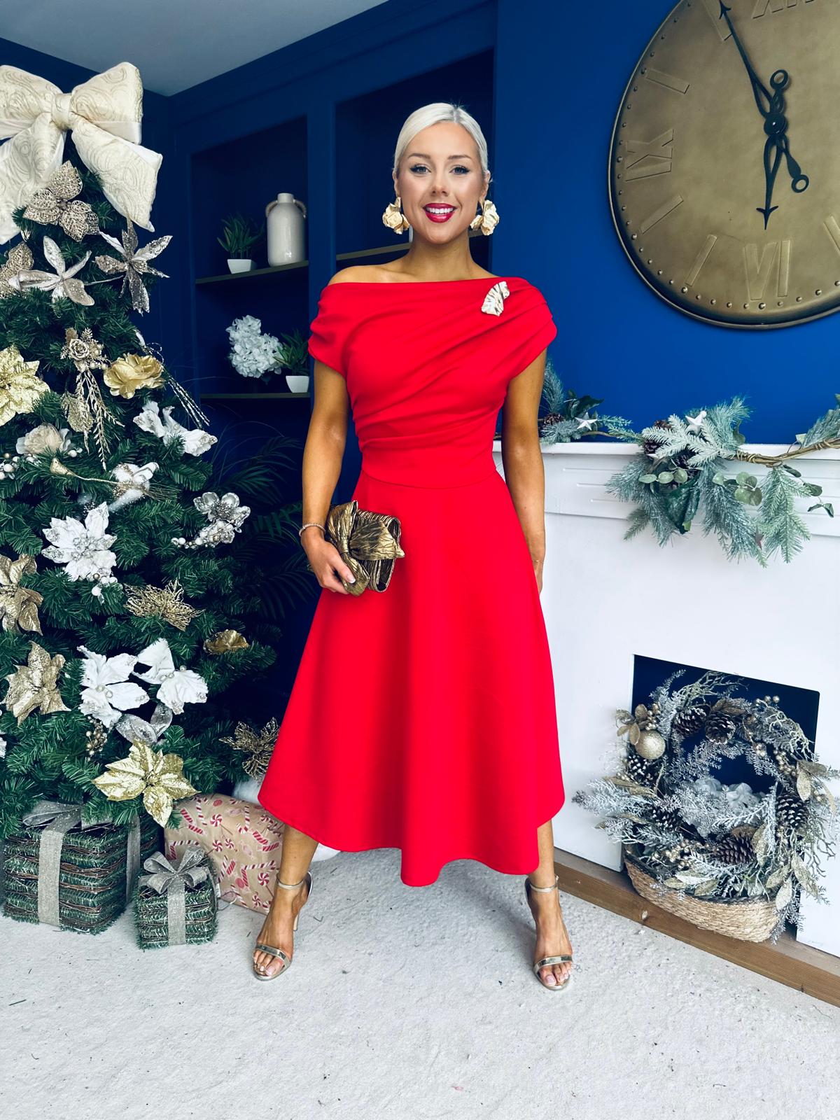 Bailey Gold Brooch Detail Midi Dress Red