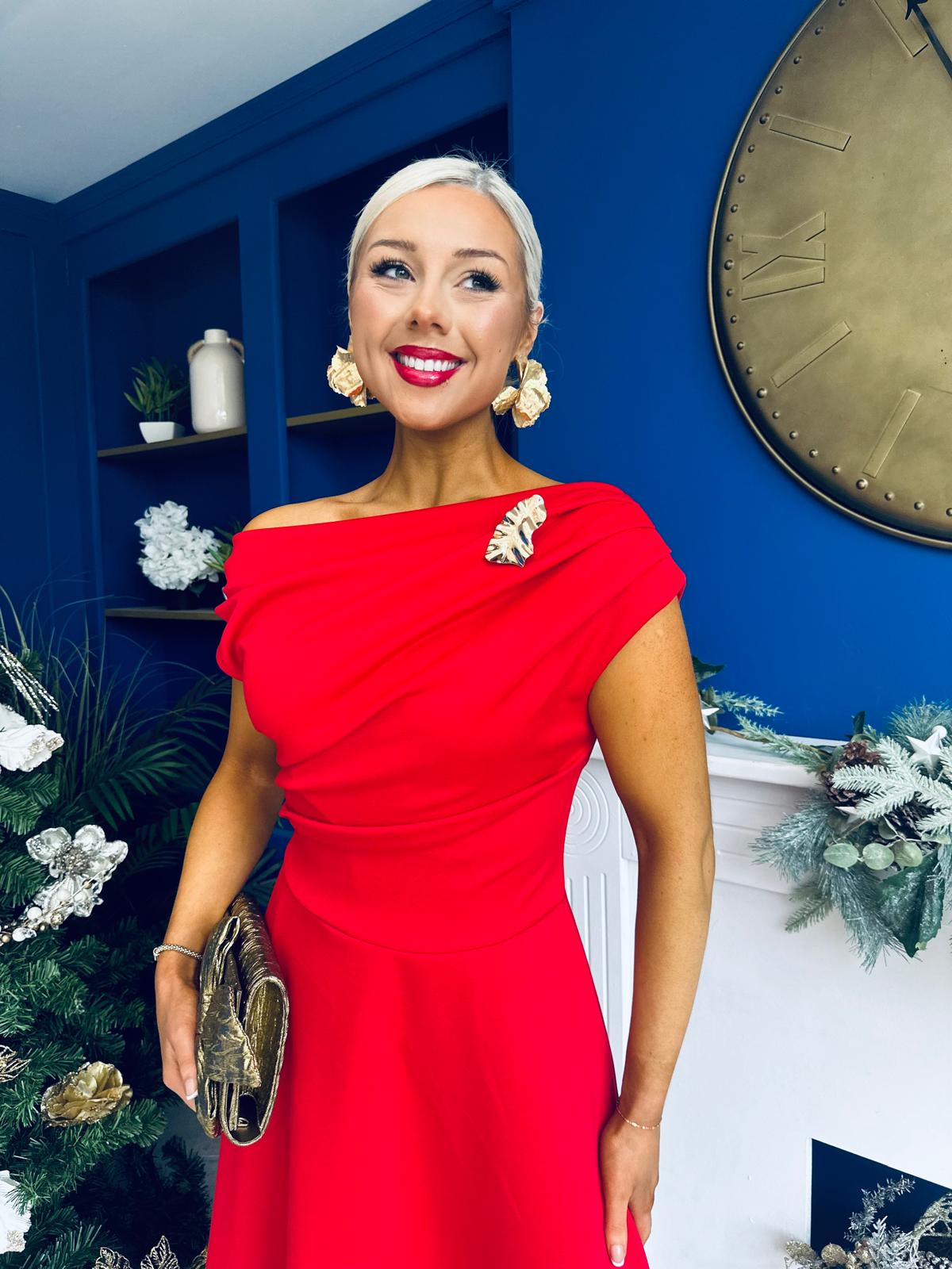 Bailey Gold Brooch Detail Midi Dress Red