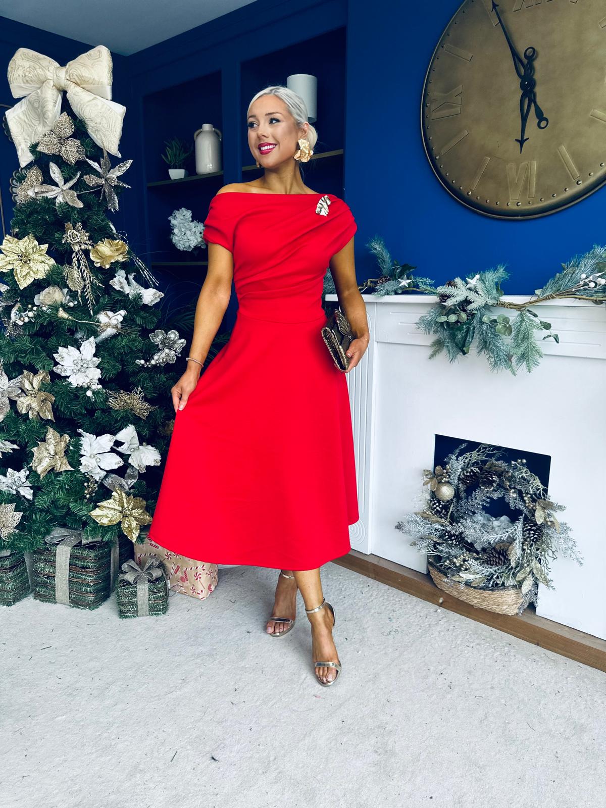 Bailey Gold Brooch Detail Midi Dress Red