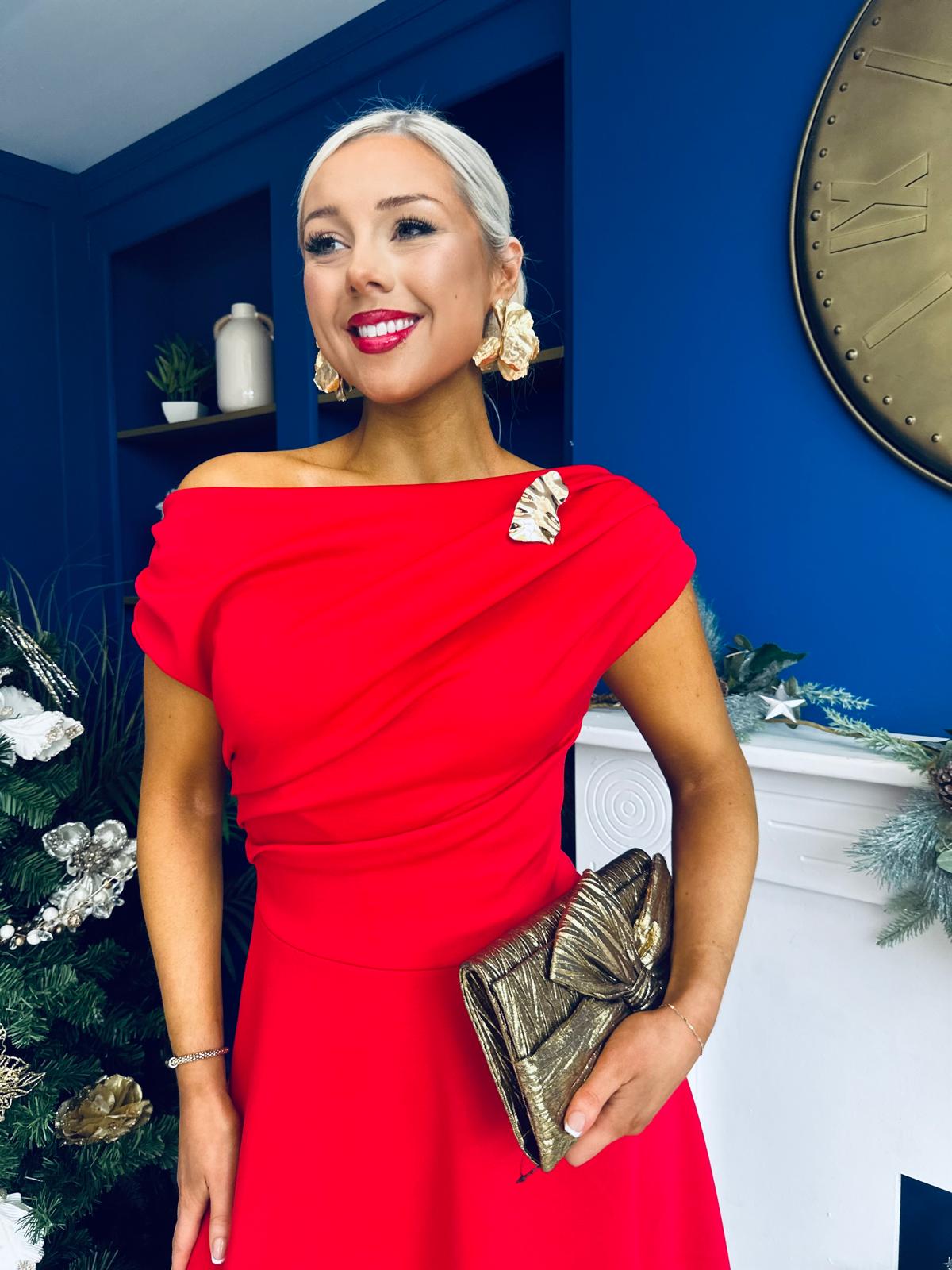 Bailey Gold Brooch Detail Midi Dress Red