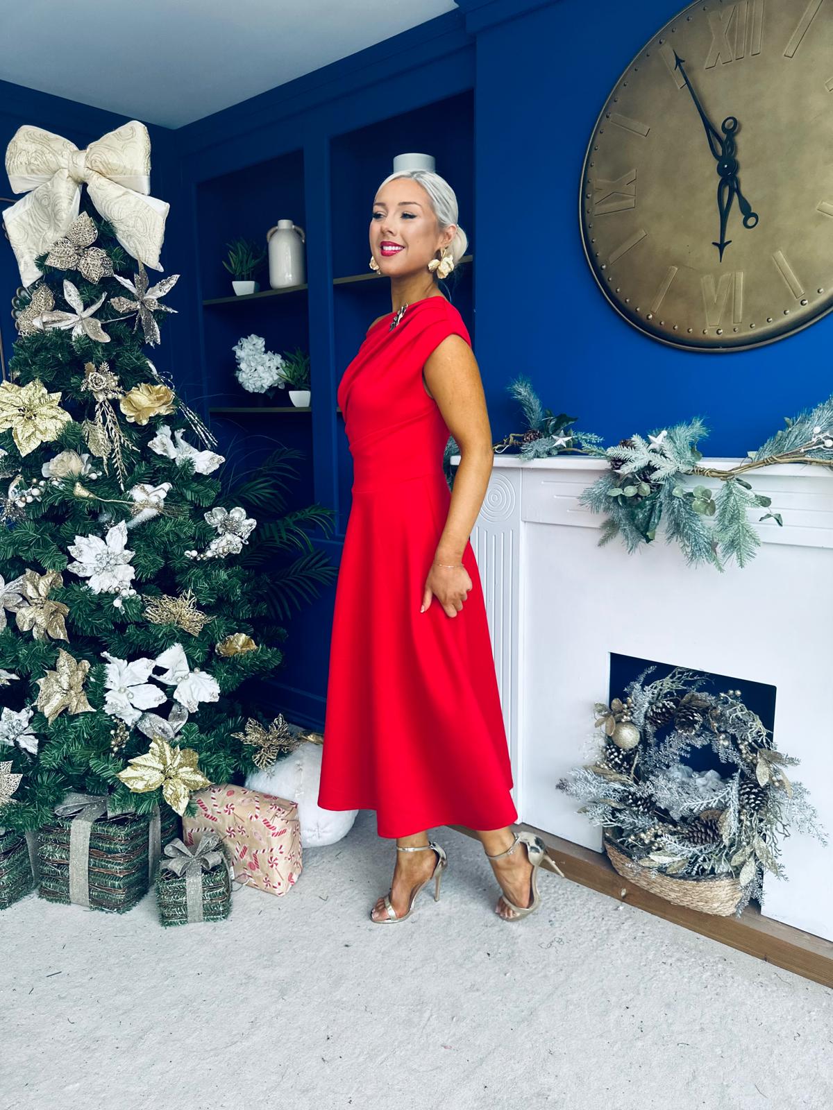 Bailey Gold Brooch Detail Midi Dress Red