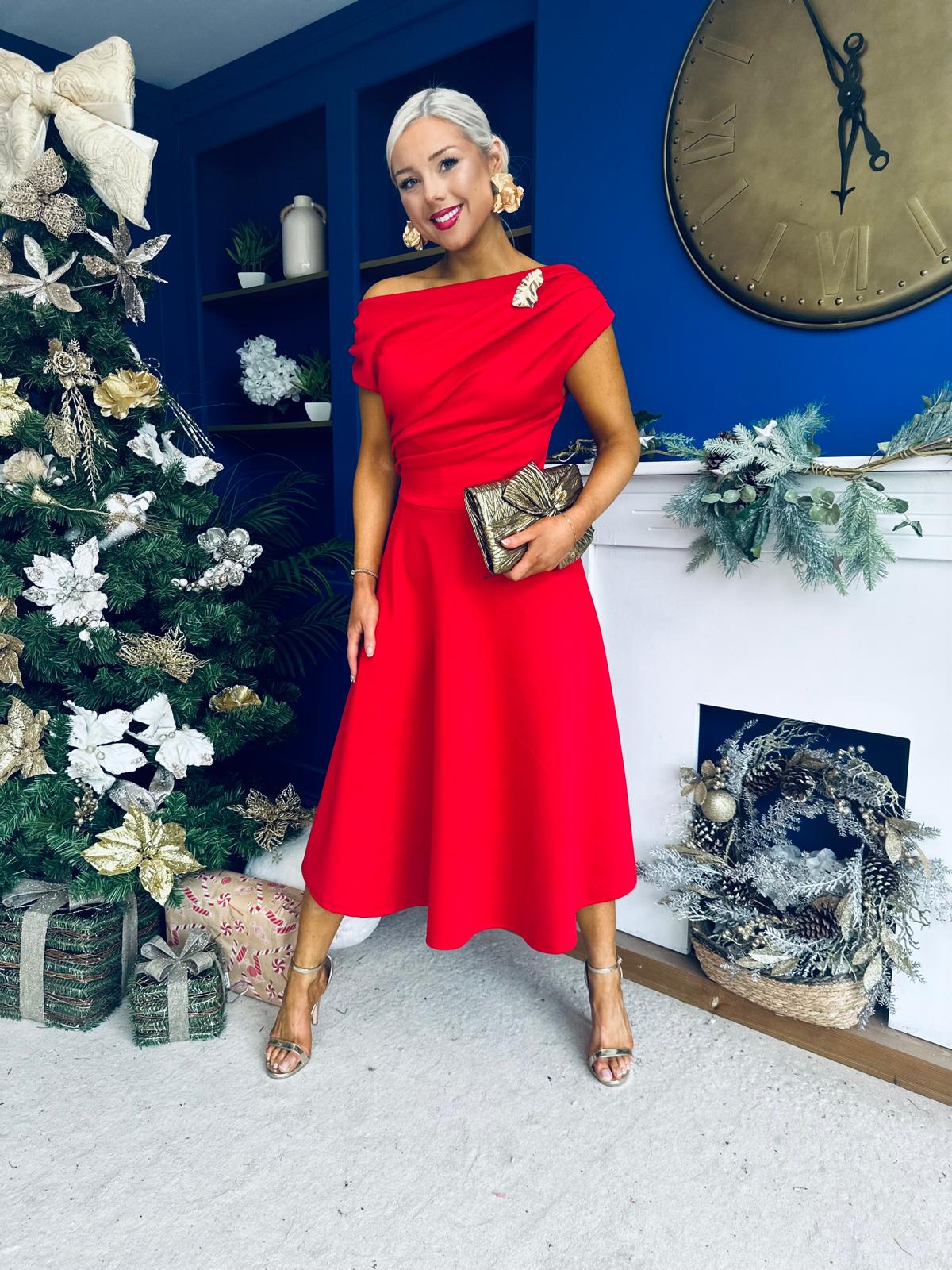 Bailey Gold Brooch Detail Midi Dress Red