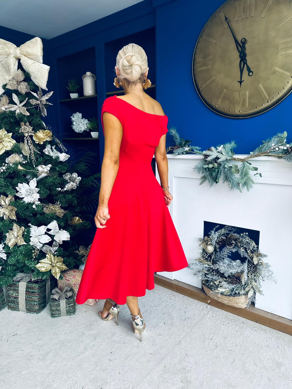 Bailey Gold Brooch Detail Midi Dress Red