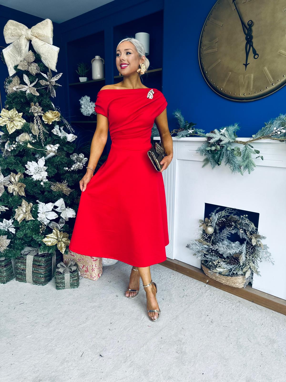 Bailey Gold Brooch Detail Midi Dress Red