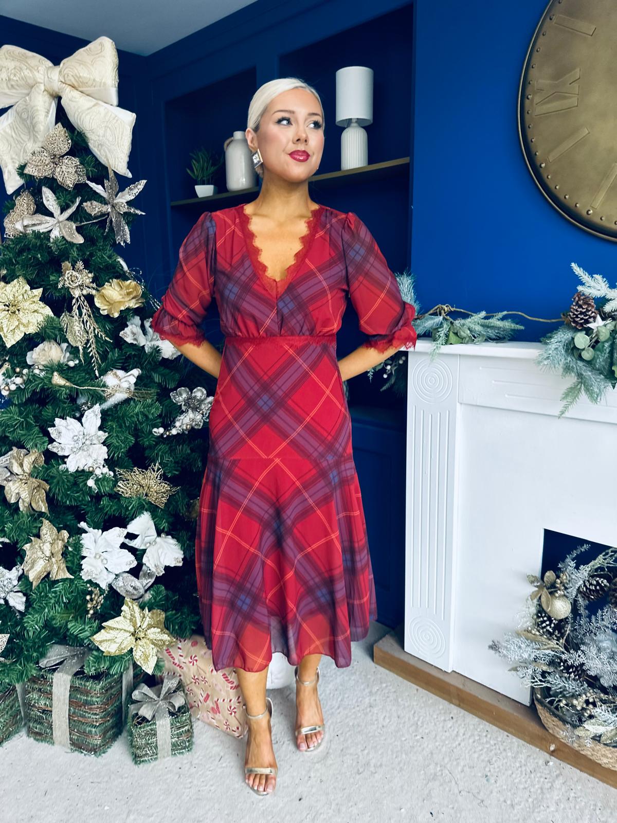 Abigail Lace Trim Midi Dress Check Rouge