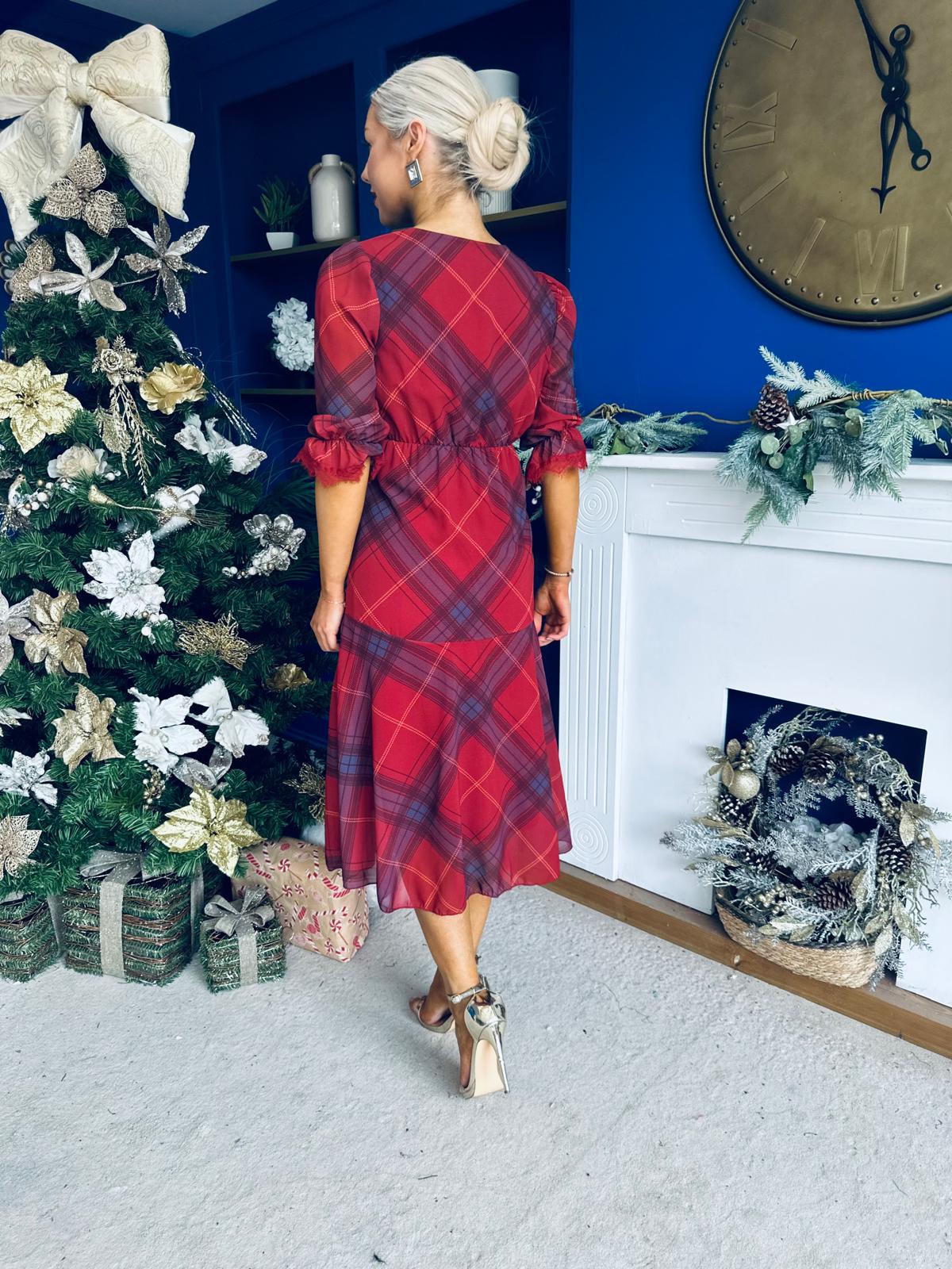 Abigail Lace Trim Midi Dress Check Rouge