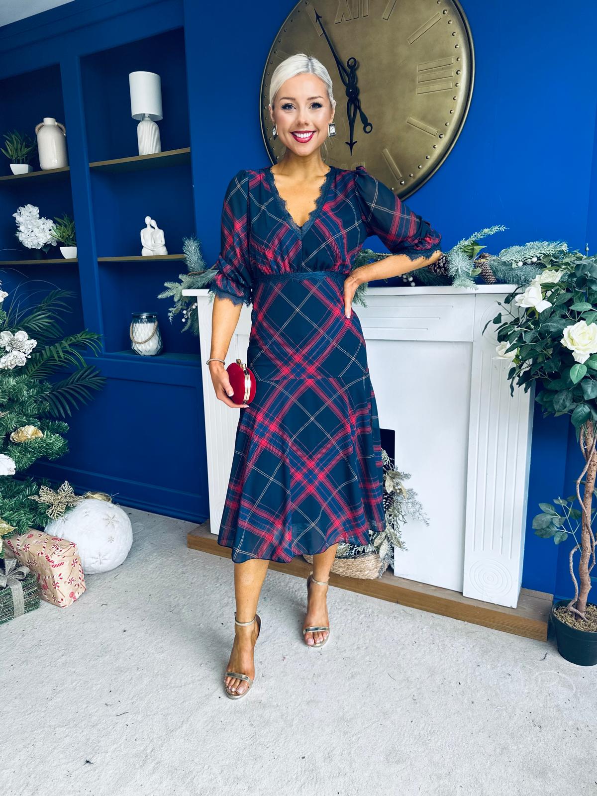 Abigail Lace Trim Midi Dress Check Navy