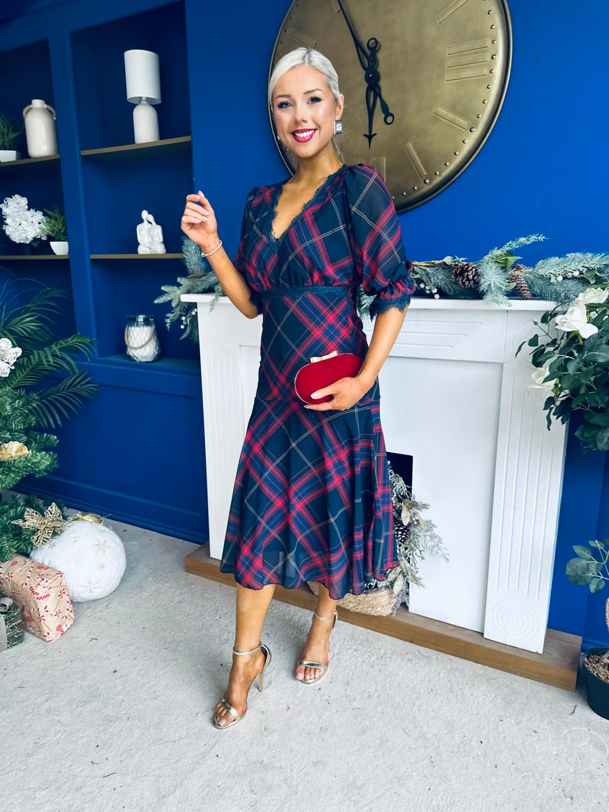 Abigail Lace Trim Midi Dress Check Navy