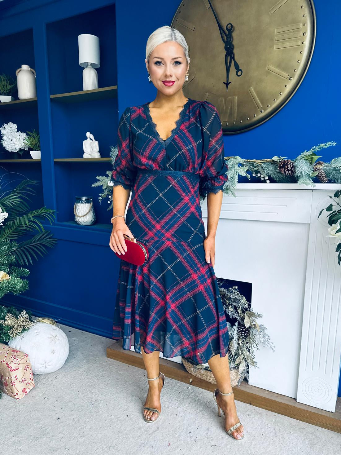 Abigail Lace Trim Midi Dress Check Navy