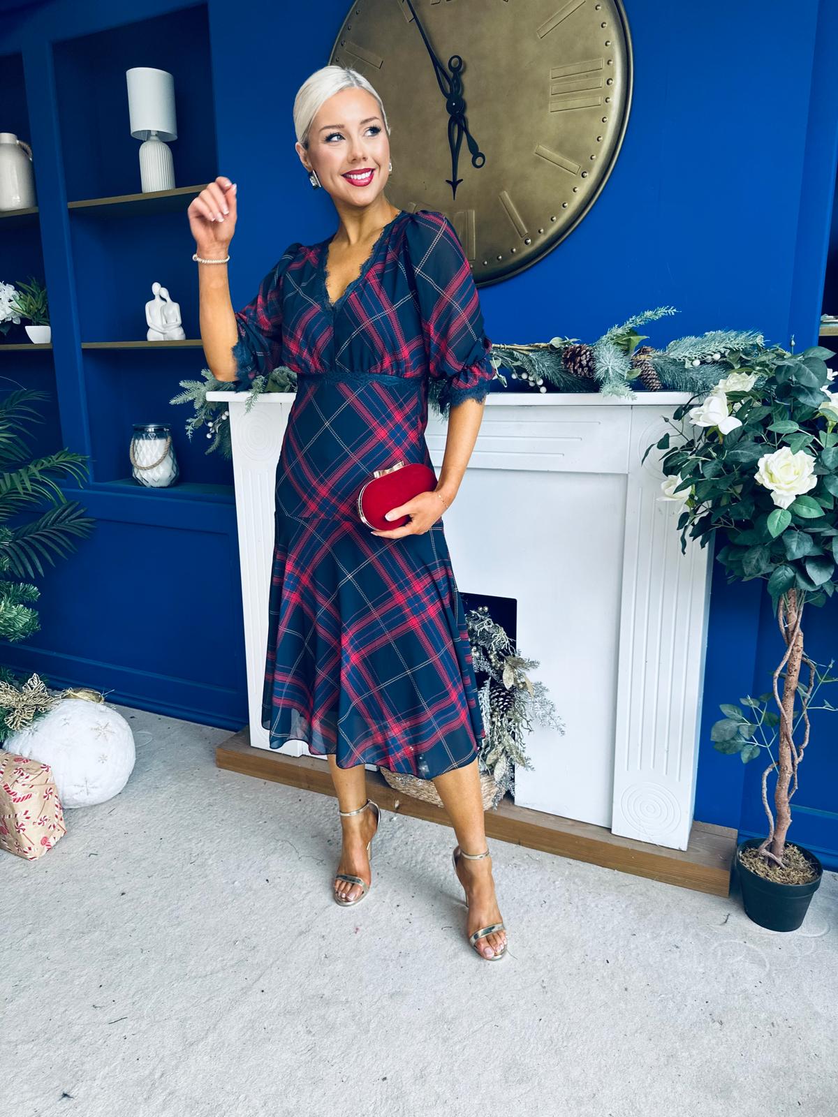Abigail Lace Trim Midi Dress Check Navy