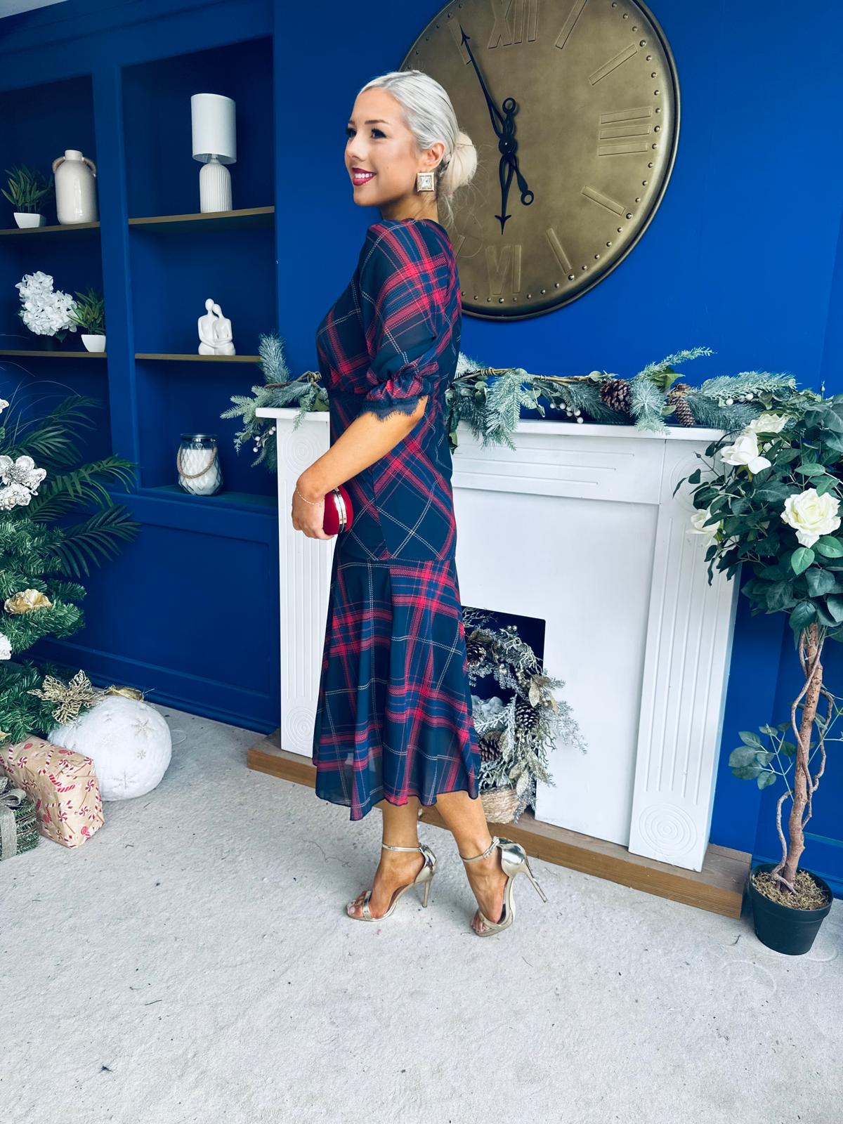 Abigail Lace Trim Midi Dress Check Navy