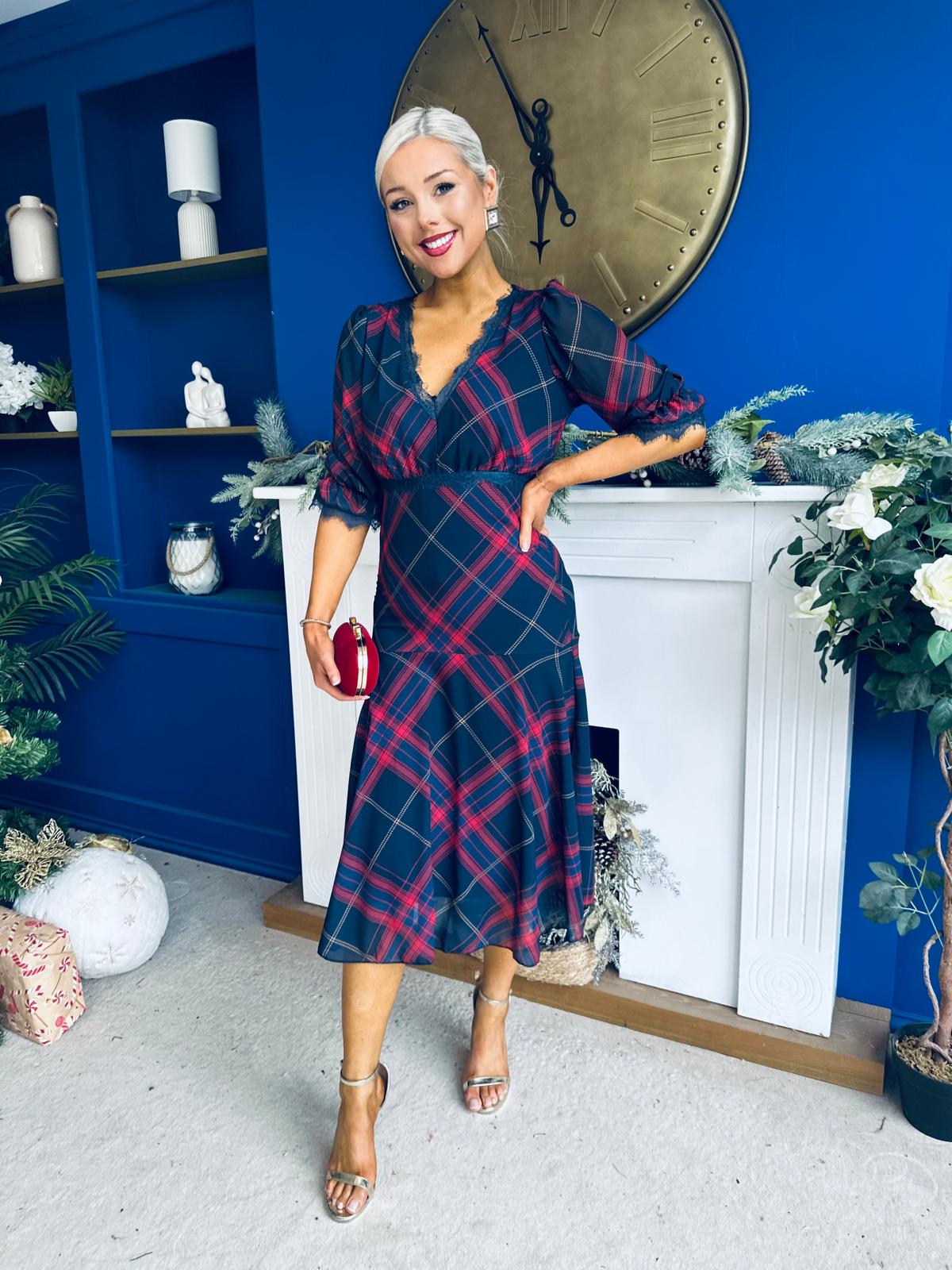Abigail Lace Trim Midi Dress Check Navy