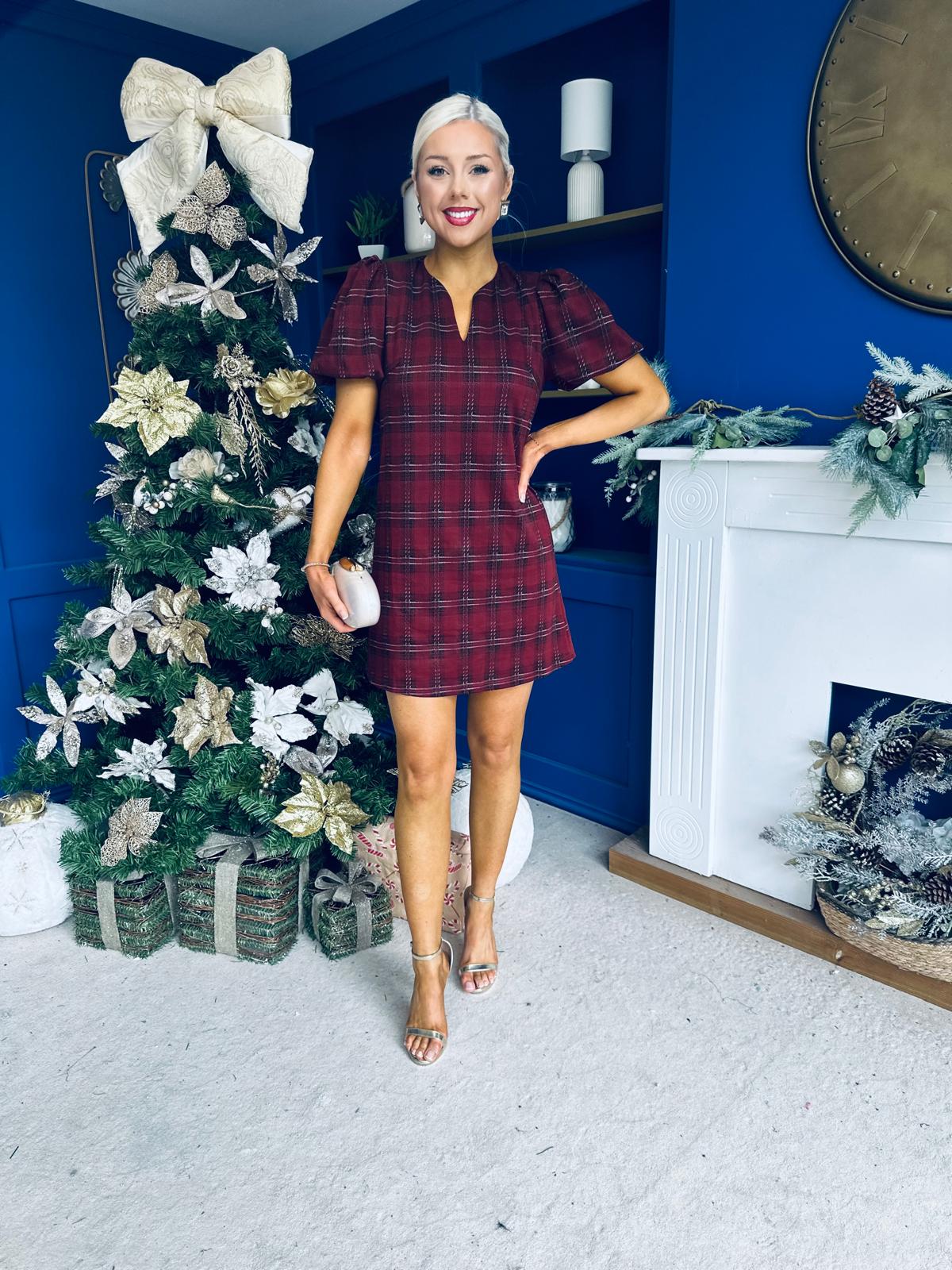 Leonora Check Puff Sleeve Mini Dress Wine