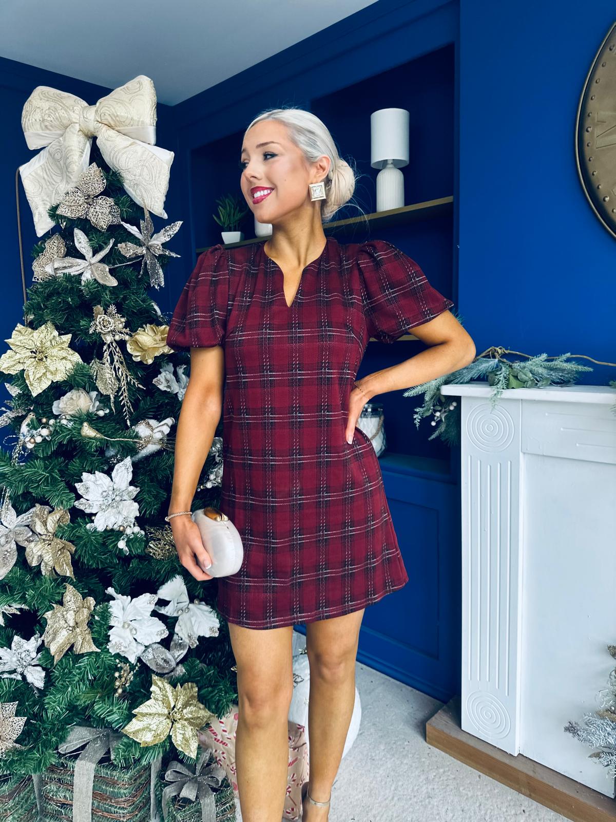 Leonora Check Puff Sleeve Mini Dress Wine