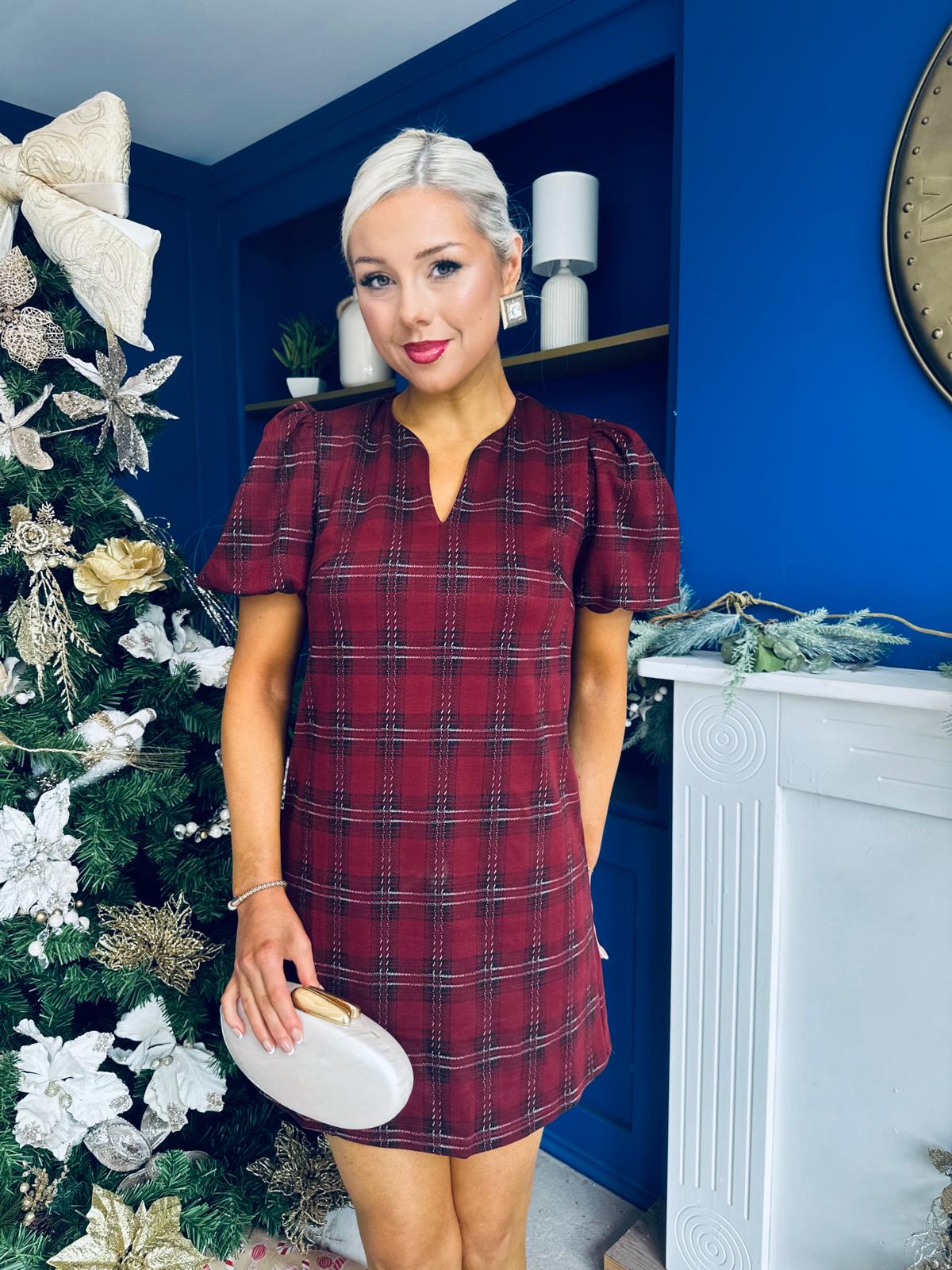 Leonora Check Puff Sleeve Mini Dress Wine
