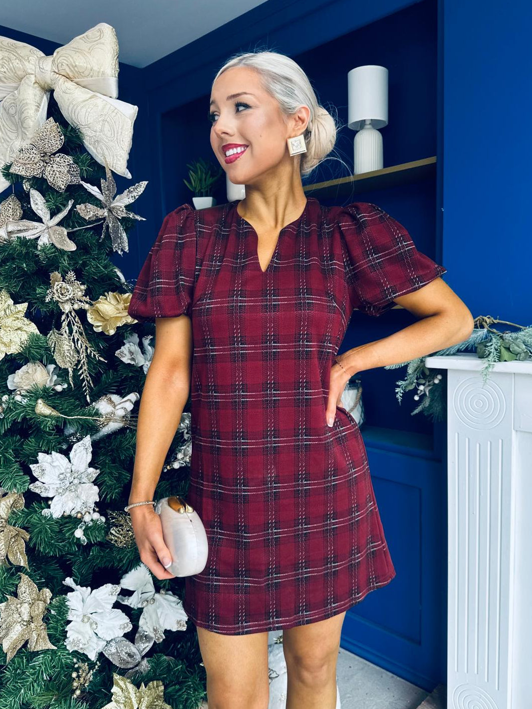 Leonora Check Puff Sleeve Mini Dress Wine