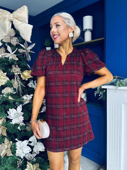 Leonora Check Puff Sleeve Mini Dress Wine
