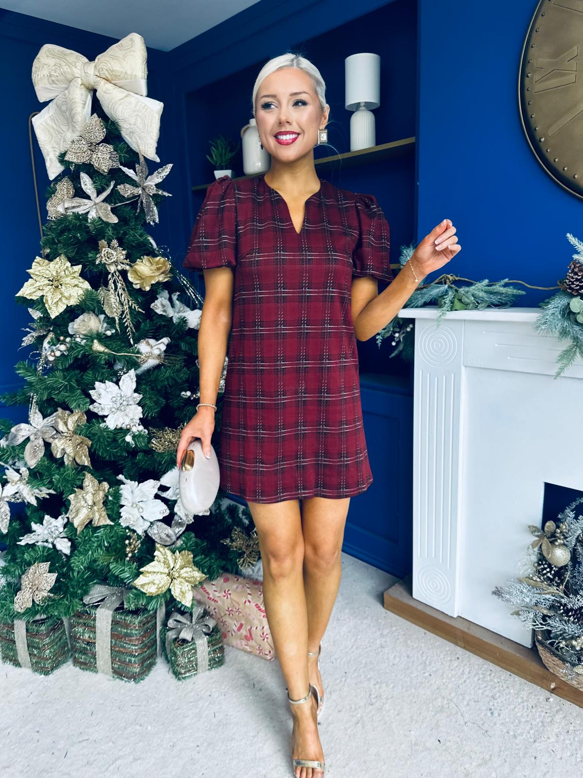 Leonora Check Puff Sleeve Mini Dress Wine