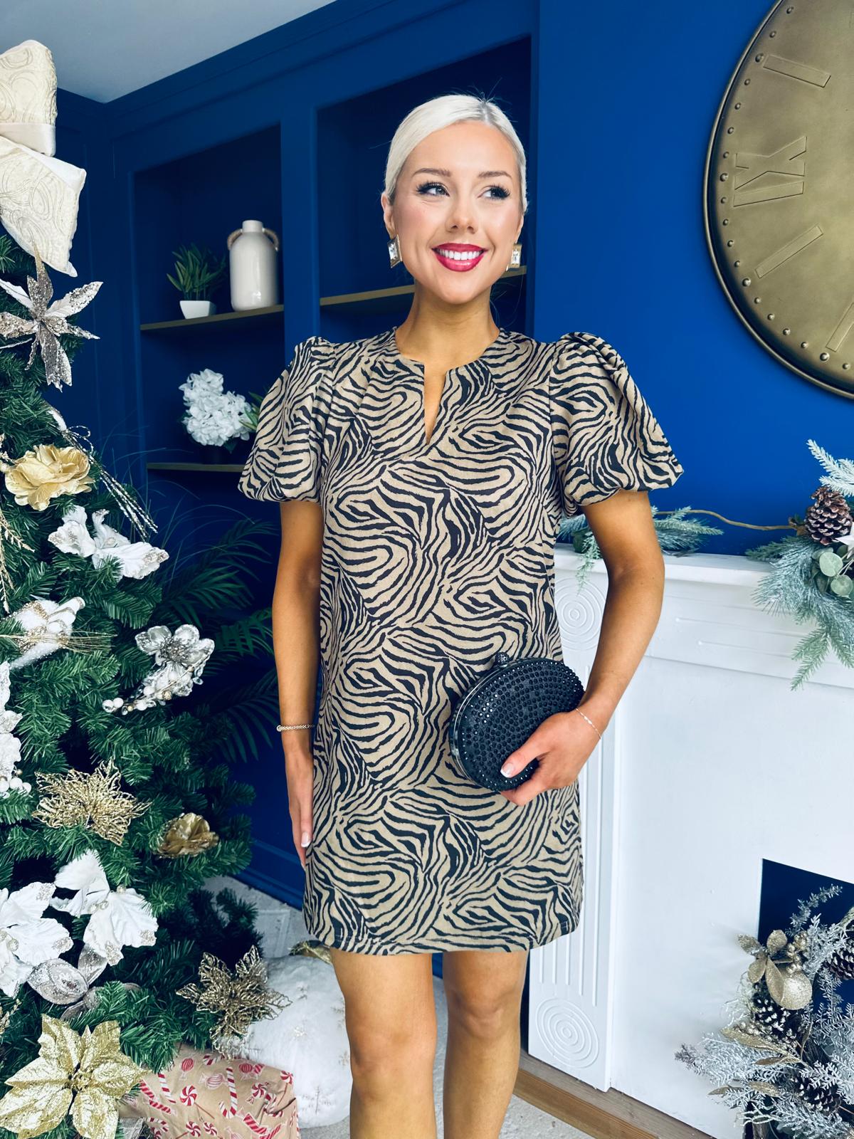 Kiri Zebra Puff Sleeve Mini Dress Stone