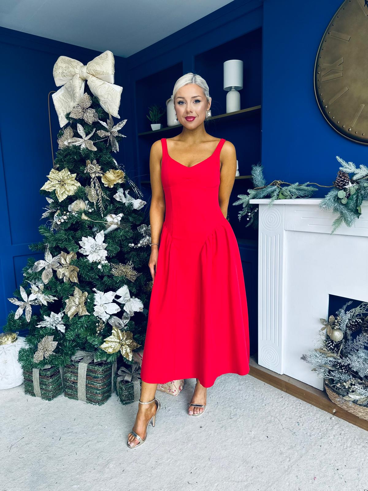 Autumn Detailed Strappy Midi Dress Red