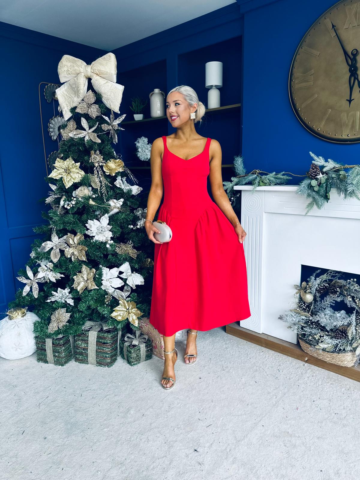 Autumn Detailed Strappy Midi Dress Red