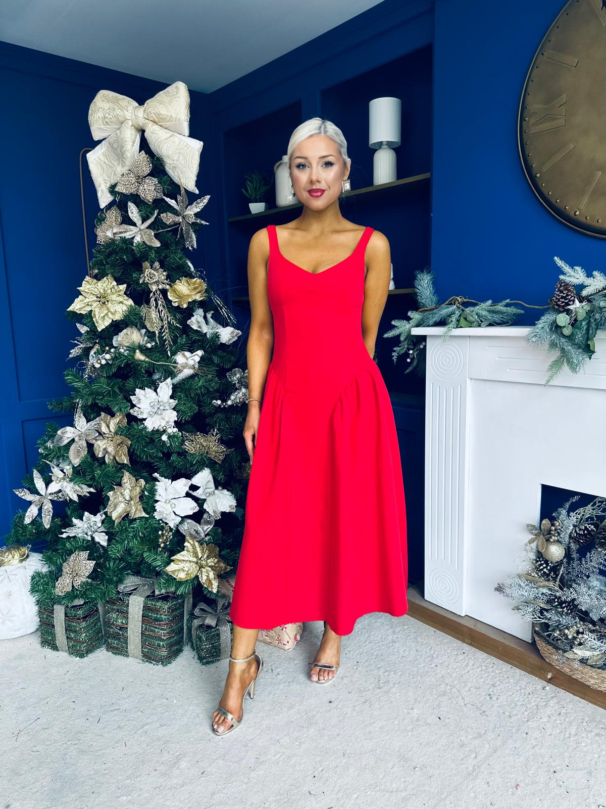 Autumn Detailed Strappy Midi Dress Red