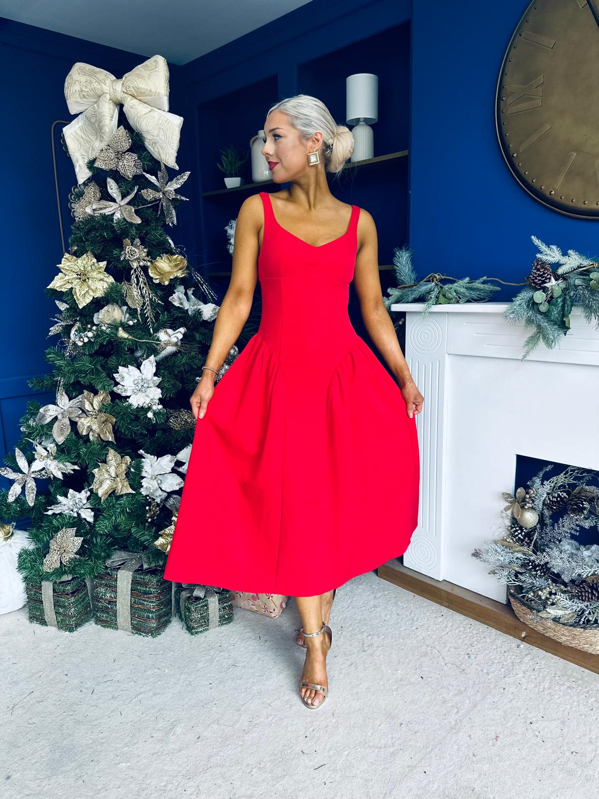 Autumn Detailed Strappy Midi Dress Red
