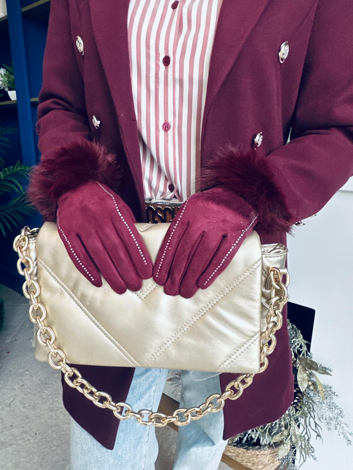 Hallie Faux Fur Embellished Gloves Burgundy