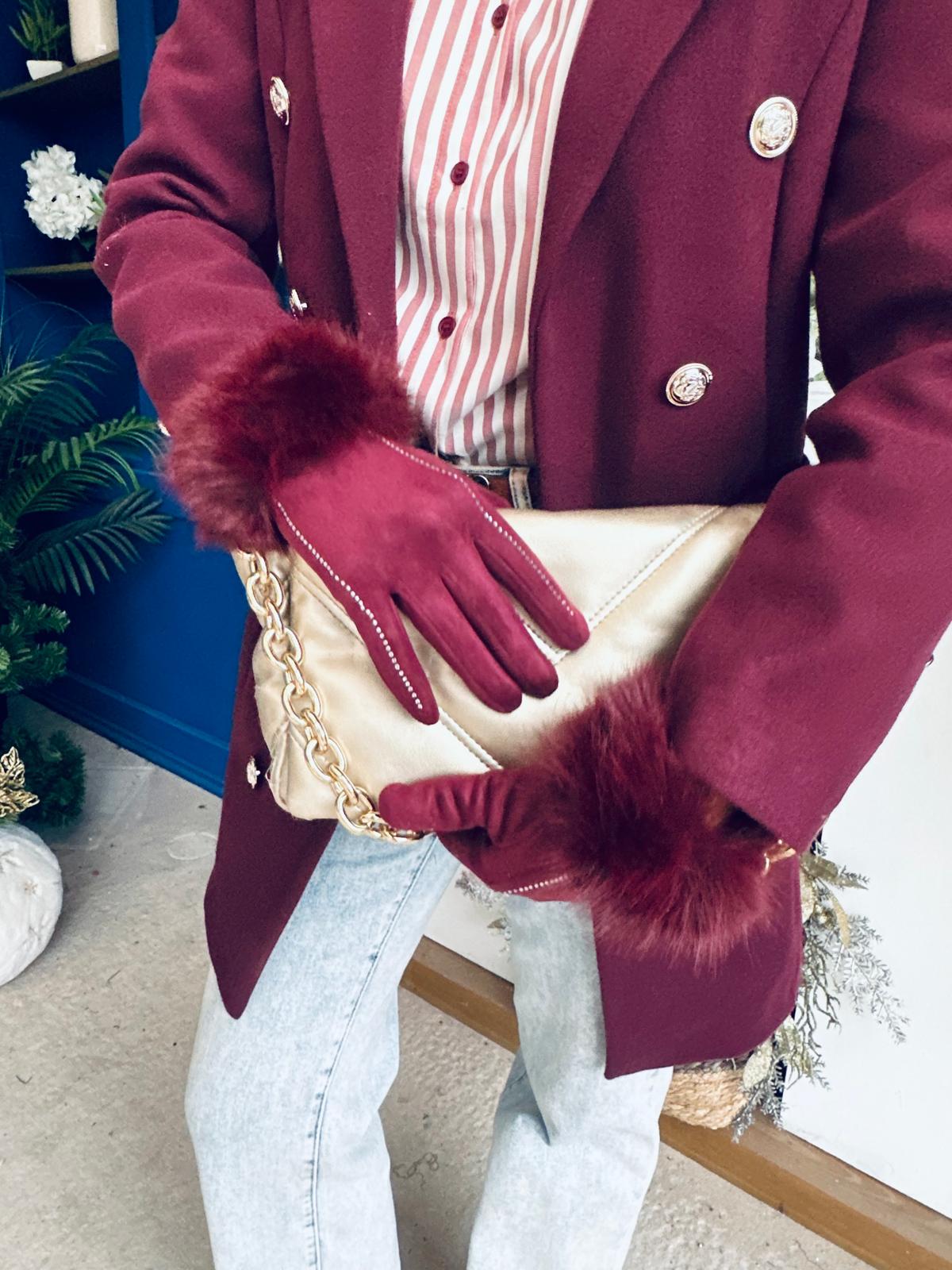 Hallie Faux Fur Embellished Gloves Burgundy