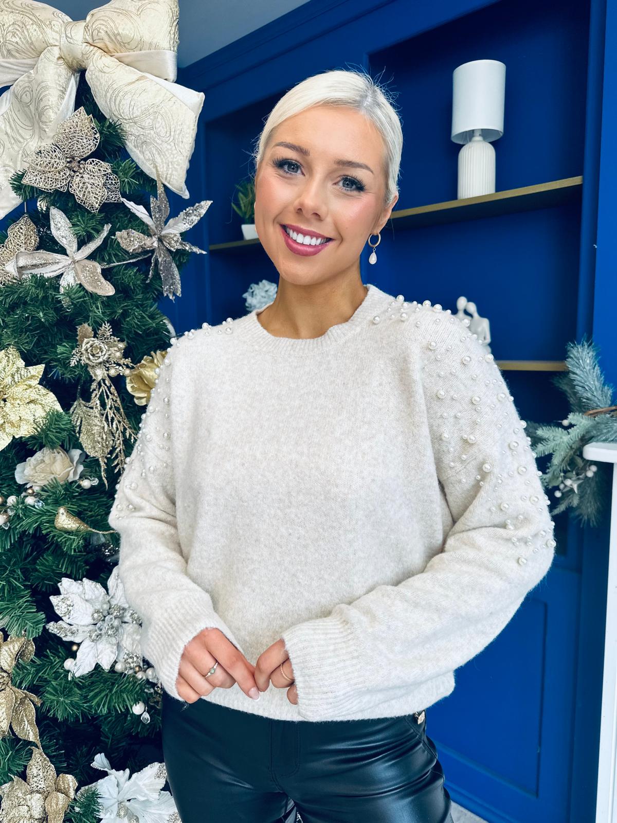 Rosaria Pearl Detail Round Neck Jumper Cream