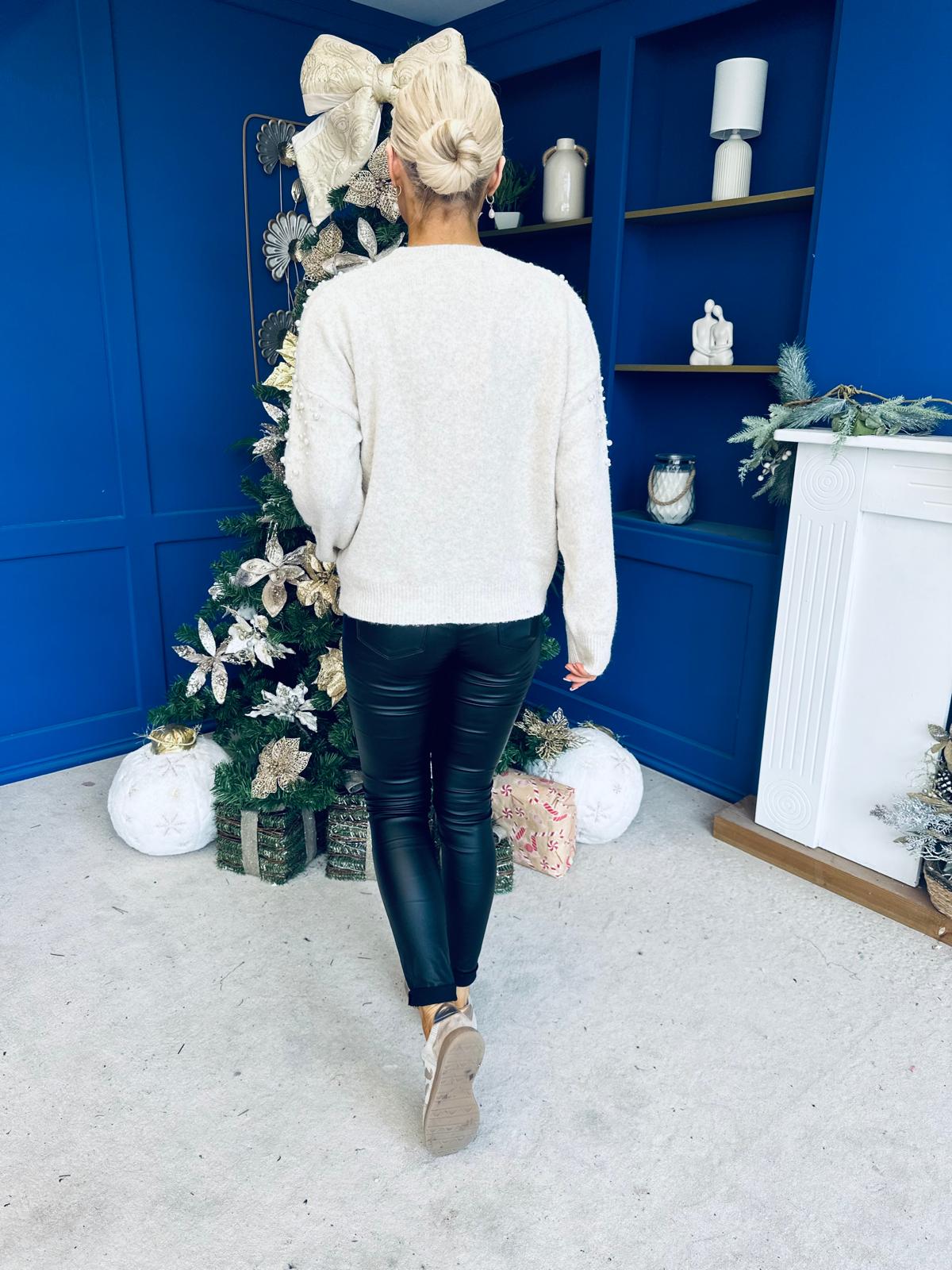 Rosaria Pearl Detail Round Neck Jumper Cream