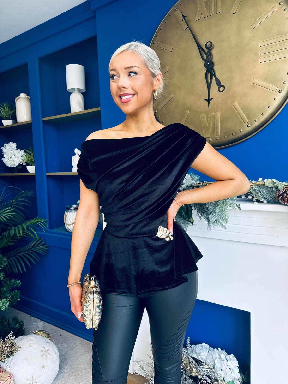 Edel Pleat & Brooch Detail Velvet Top Black