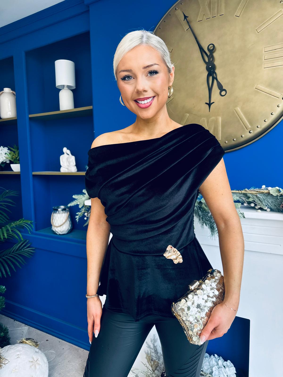 Edel Pleat & Brooch Detail Velvet Top Black