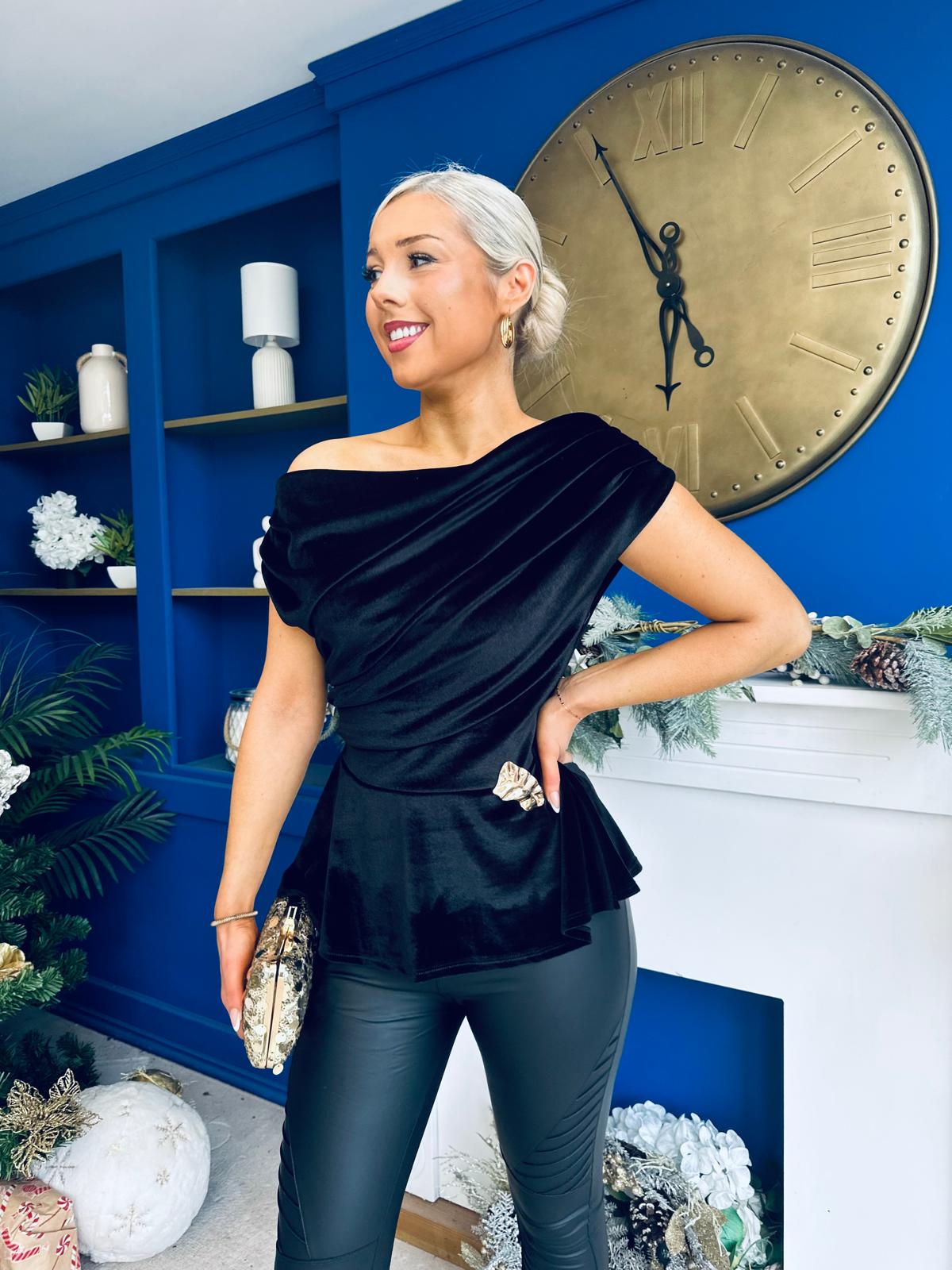 Edel Pleat & Brooch Detail Velvet Top Black