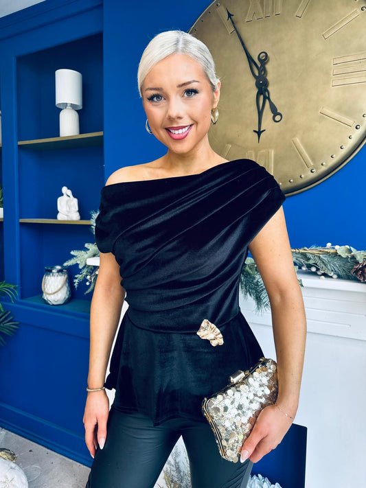 Edel Pleat & Brooch Detail Velvet Top Black