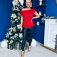 Edel Pleat & Brooch Detail Velvet Top Red