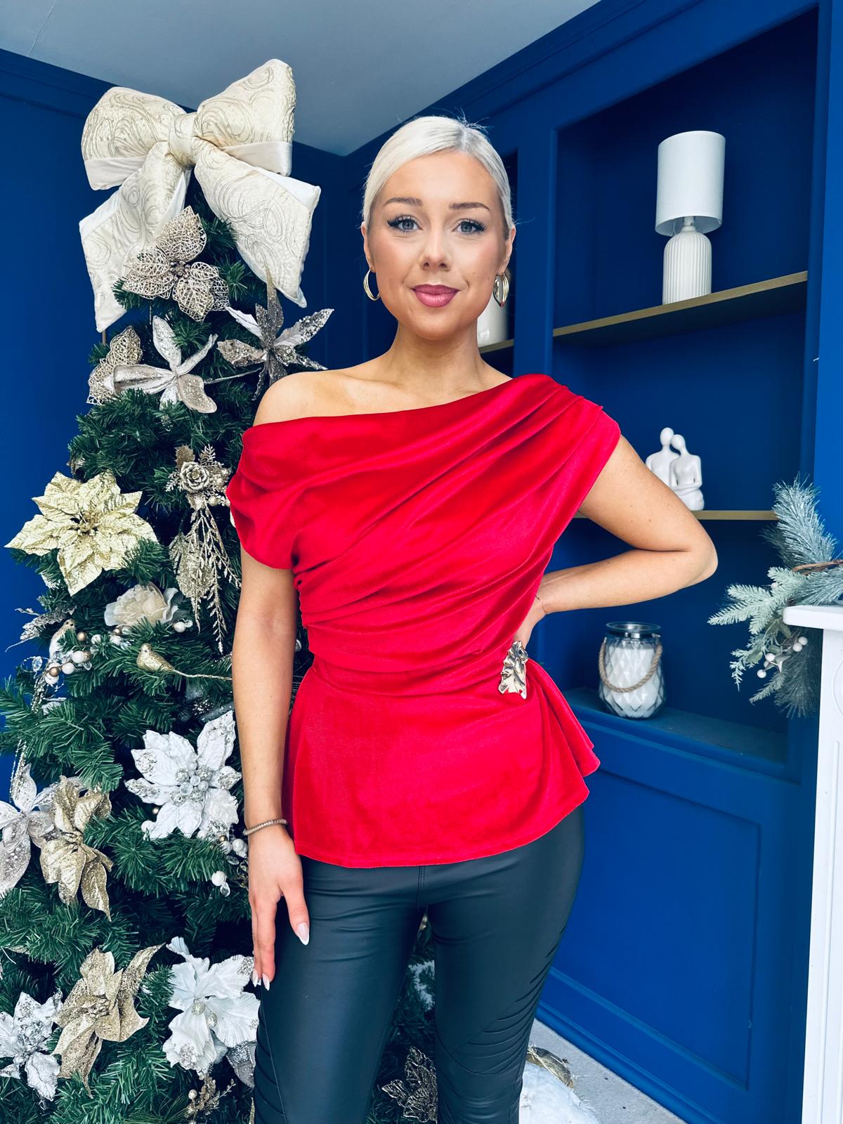 Edel Pleat & Brooch Detail Velvet Top Red