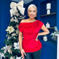 Edel Pleat & Brooch Detail Velvet Top Red