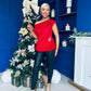 Edel Pleat & Brooch Detail Velvet Top Red