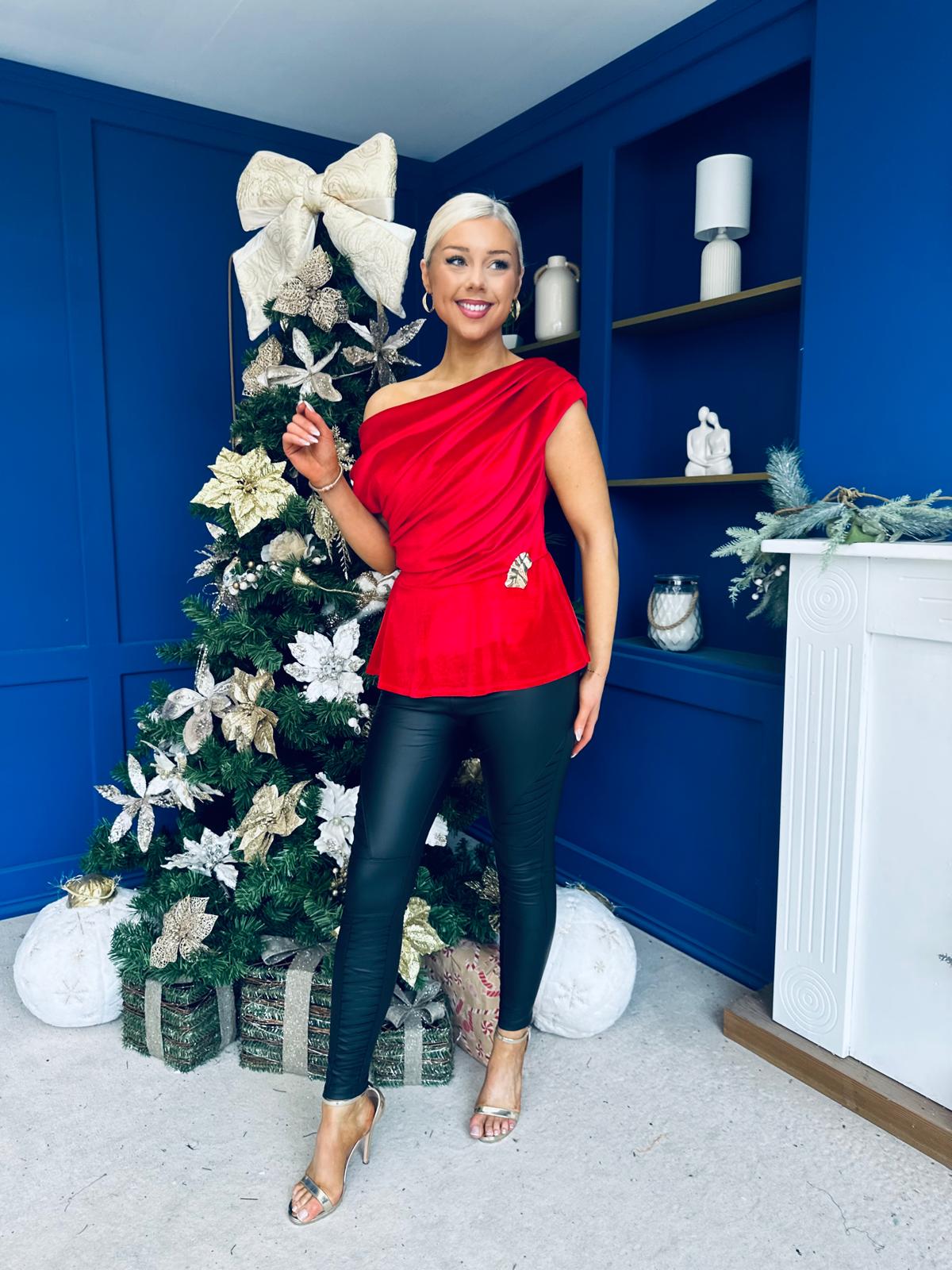 Edel Pleat & Brooch Detail Velvet Top Red